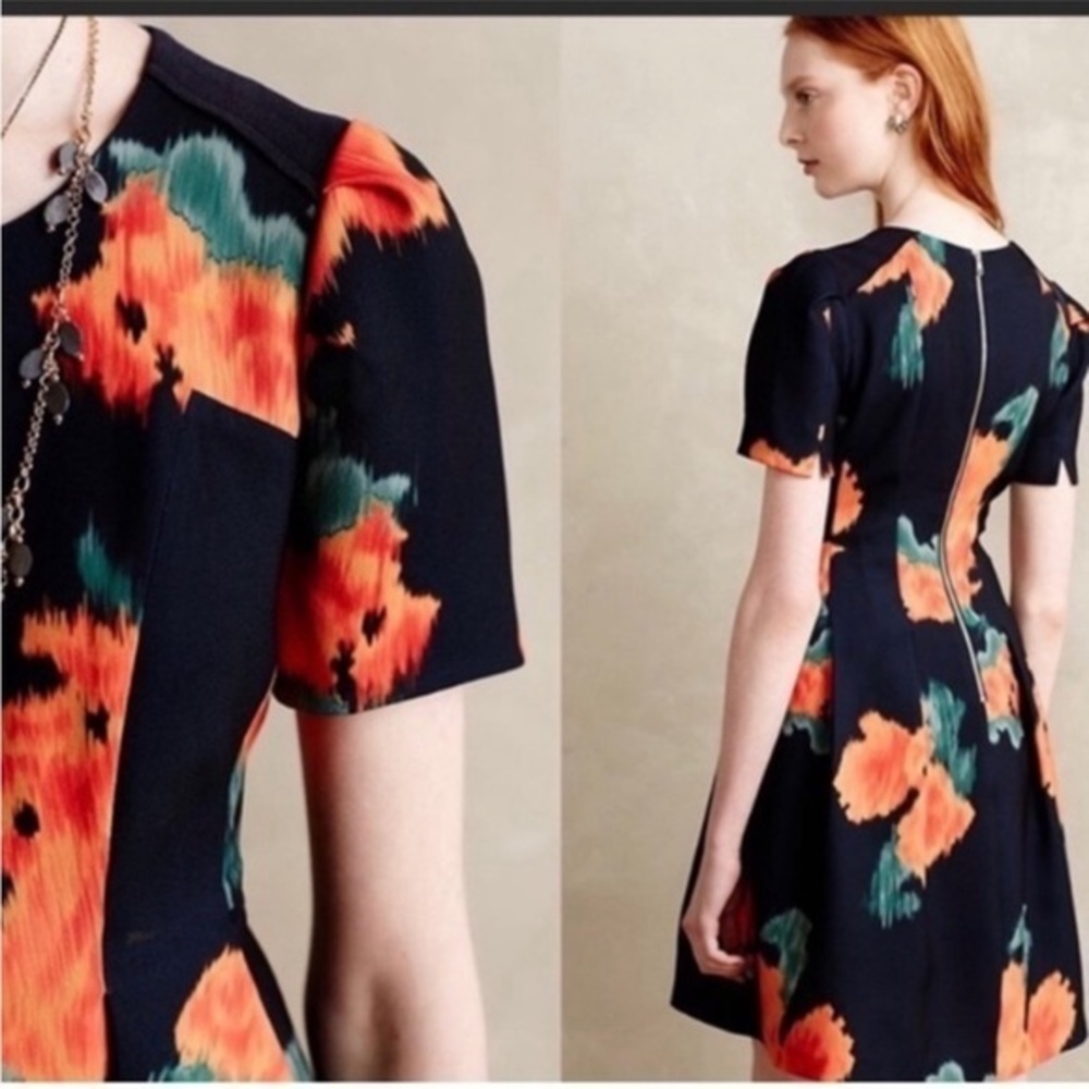 Anthropologie McGinn Poppy palette dress floral flowers cap sleeves structured 2